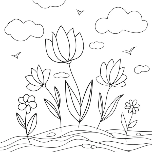 Bulutları, toprağı, taşları olan basit karalama çiçekleri, beyaz izole arka plandaki kuşlar. Yaz karikatürü çizimi. Yetişkinler ve çocuklar için kitap sayfaları boyama.