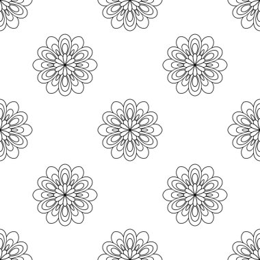 Beyaz arka planda basit siyah ve soyut çiçekler. Kusursuz karalama kalıbı. Tekstil ve ambalaj için elverişli.