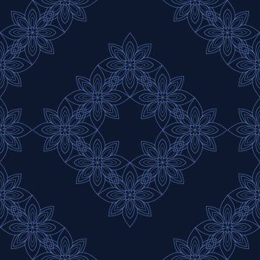 Açık mavi arka planda basit mandala çiçekleri. Kusursuz soyut karalama deseni.