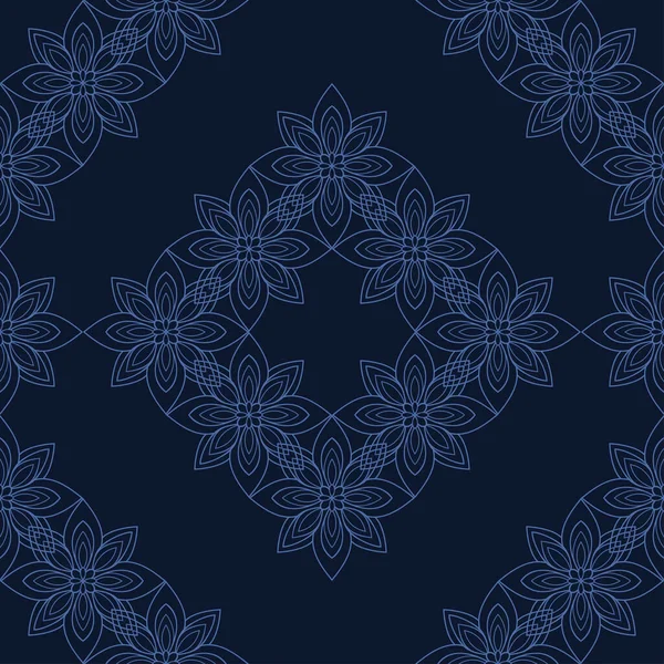 Flores Mandala Simples Claras Sobre Fondo Azul Oscuro Patrón Garabato — Vector de stock