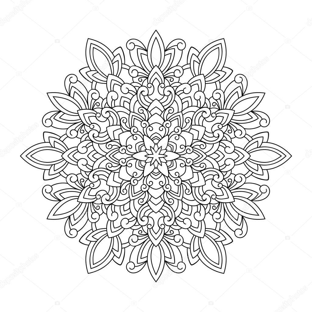 Abstract mandala with floral and vintage elements on white isolated background. For coloring book pages.