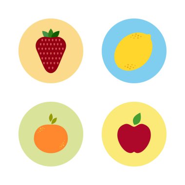 Beyaz izole edilmiş arka planda renkli meyve ve dut seti. Çilek, limon, portakal, elma. Web, poster, afiş, menü tasarımı ve kartpostala uygundur.