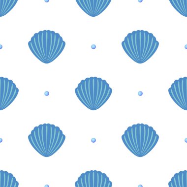 Düz mavi deniz kabukları ve beyaz arka planda inciler. Kusursuz okyanus parlak yaz şablonu. Tekstil, ambalaj ve kart için elverişli.