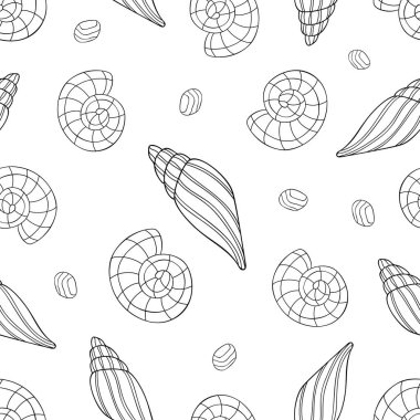 Basit dekorlu farklı deniz kabukları ve beyaz arka planda taşlar. Kusursuz yaz okyanus karalama deseni. Tekstil, ambalaj ve boyama kitabı için elverişli.