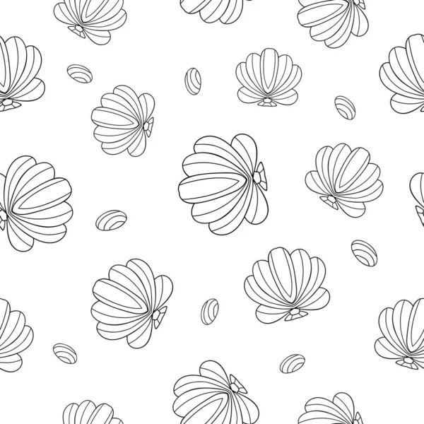 Doodle Black Seashells Simple Decor White Background Seamless Summer Ocean — Stock Vector