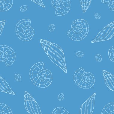 Basit dekorlu karalama deniz kabukları ve mavi arka planda taşlar. Kusursuz yaz okyanus karalama deseni. Tekstil ve ambalaj için elverişli.