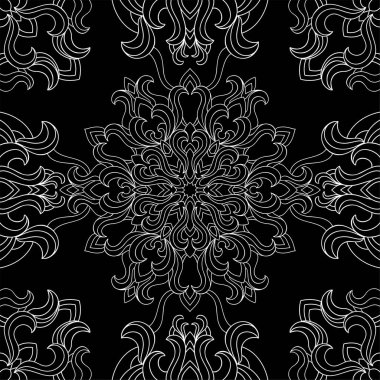 Siyah arka planda klasik ve dalgalı elementlere sahip beyaz soyut çiçek mandala. Kusursuz dekoratif desen. 