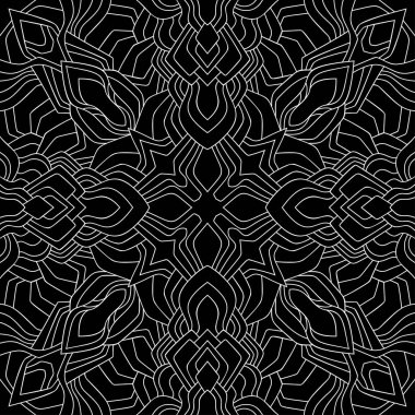 Siyah arka planda çiçek dekoru olan soyut karalama mandala. Kusursuz bir tarz. Paketleme, tekstil, duvar kağıdı için uygun.