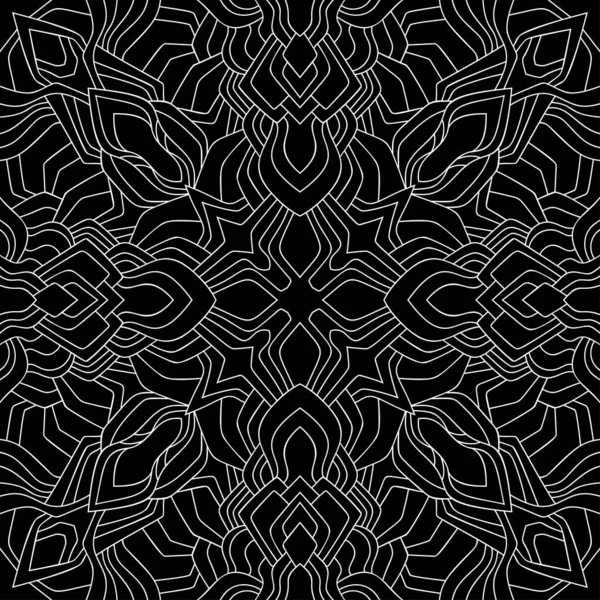 Mandala Doodle Abstrato Com Decoração Floral Sobre Fundo Preto Padrão — Vetor de Stock