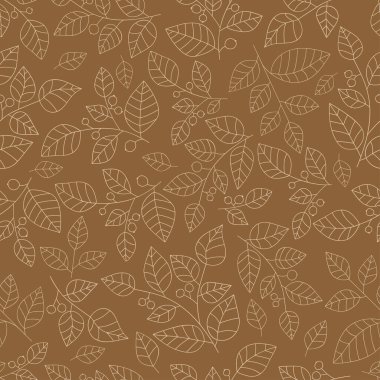 Açık bej dalları, koyu altın arka planda yaprak ve böğürtlenlerle çizilmiş. Kusursuz sonbahar çiçek deseni. Tekstil ve ambalaj için uygun..