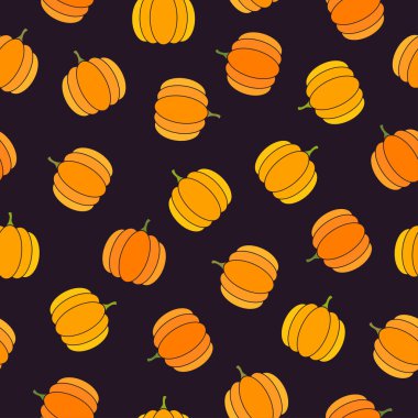 Düz turuncu balkabakları koyu mor arka planda. Kusursuz sonbahar sebze düz desenli. Paketleme, tekstil, duvar kağıdı için uygun.