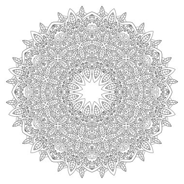 Beyaz yalıtılmış arka planda doğal ve yaprak desenli büyük dekoratif mandala. Boyama kitabı sayfaları için.