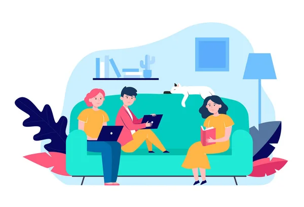 Young people sitting on sofa with laptop or book. Cat, room, couch flat vector illustration. Hobby and leisure concept for banner, website design or landing web page