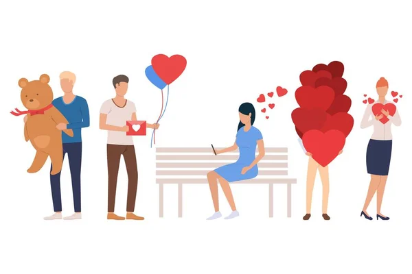 Set of dating people. Men and women holding heart, smartphone, air balloons, teddy bear. People concept. Vector illustration can be used for topics like love day, celebration, romance