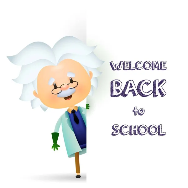 Welcome back to school poster design. Senior professor peeking out white banner with text. Vector illustration can be used for topics like chemistry, biology, science