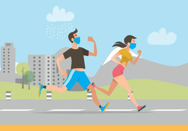 Active people in face masks running outdoors. Man and woman jogging during coronavirus outbreak. Vector illustration for fitness, exercising, epidemic concept