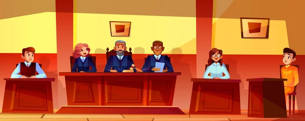 Court hearing vector illustration of courtroom interior background. Judges, prosecutor or advocate man, legal secretary woman and accused or defendant sitting at judge table