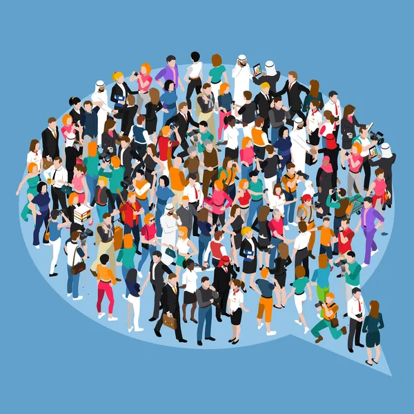 Crowd of different people standing in form of speech bubble isometric concept on blue background vector illustration