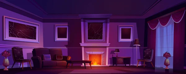 Luxury old living room, dark interior with burning fireplace, classic style furniture, leather couch, armchair and wood coffee table, floor lamp and flower vase. Night home cartoon vector illustration