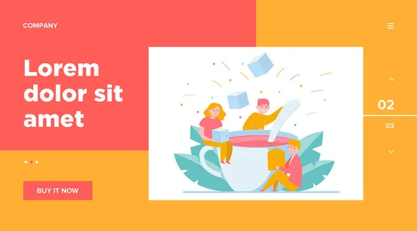 Happy people mixing sugar in big cup of tea. Spoon, office, lunch flat vector illustration. Hot beverages and coffee break concept for banner, website design or landing web page