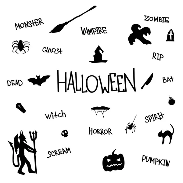 Frohe Halloween Feiertage Oktober Allerheiligen Text Isolierte Schriftzeichen Zeichnungen Freihand — Stockvektor