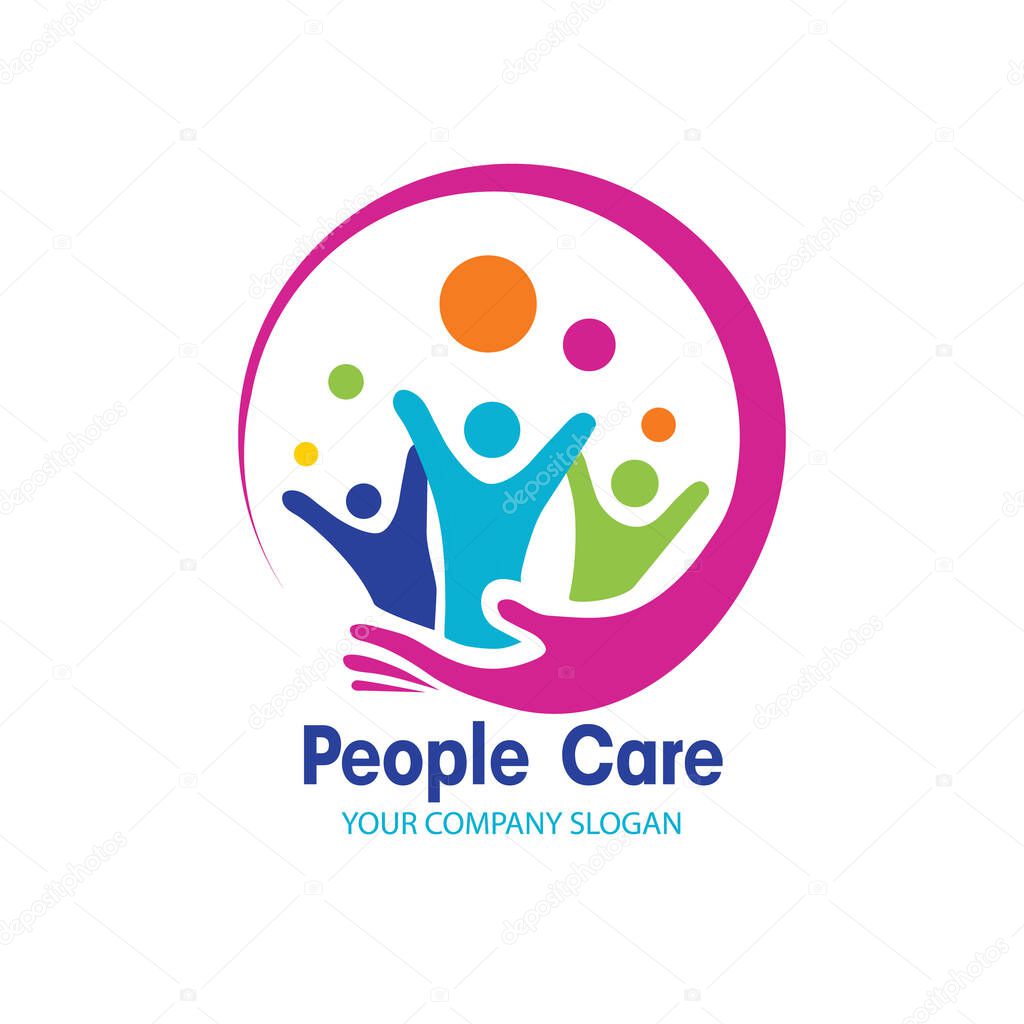 Logo with colorful people and balloons above them