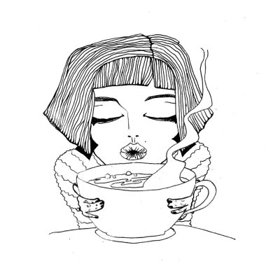 Elle çizilmiş moda illüstrasyon kız. Kadın sanatsal kadın çizim. Gerçek hippi yazıcı sevimli kız ve kahve fincanı