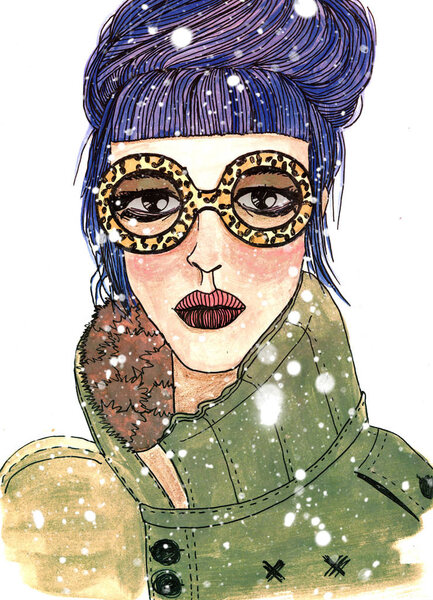 Ручная рисованная девушка из моды. Женщина художественного рисунка. Фактическая печать хипстера
