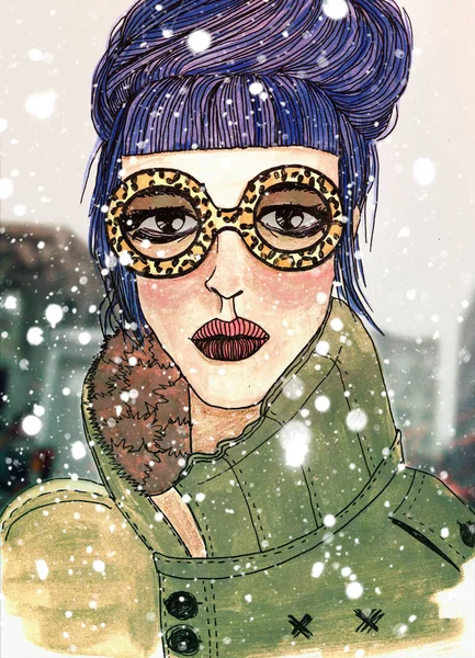 Handgezeichnete Mode Illustration Mädchen Weibliche Künstlerische Zeichnung Frau Hipster Print — Stockfoto