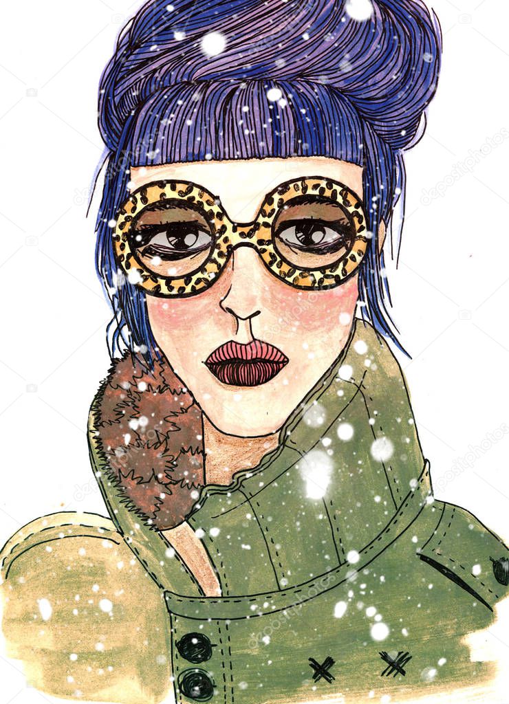 Hand drawn fashion illustration girl. Female artistic drawing woman. Actual hipster print