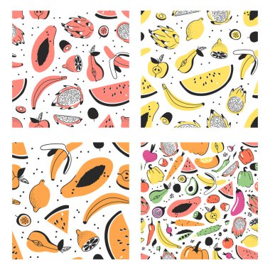 Tropikal meyve elle çizilmiş kümesi kümesi. Vektör yiyecek ile sanatsal seamless modeli. Yaz illüstrasyon karpuz, muz, papaya, pitaya, armut, elma, limon, tutku meyve ve kivi