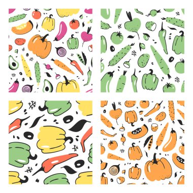 Elle çizilmiş seamless modeli sebze ile kümesi. Vektör yiyecek çizim sanatsal. Yaz illüstrasyon kabak, patates, biber, yeşil bezelye, kırmızı pancar, patlıcan, domates, salatalık, avokado, havuç