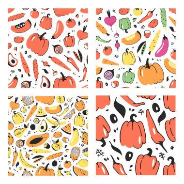 Meyve ve sebze ile el çekilmiş seamless modeli kümesi. Vektör sanatsal illüstrasyon gıda. Vegan çizim papaya, kabak, salatalık, kırmızı pancar, domates, patates, biber, havuç, muz, armut, elma