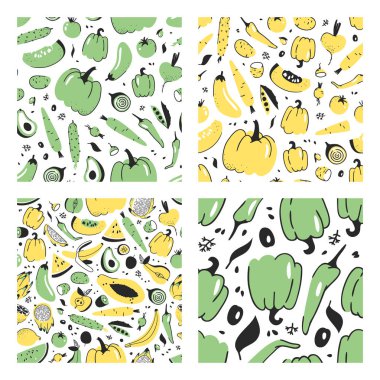 Meyve ve sebze ile el çekilmiş seamless modeli kümesi. Vektör sanatsal illüstrasyon gıda. Vegan çizim papaya, kabak, salatalık, kırmızı pancar, domates, patates, biber, havuç, muz, armut, elma