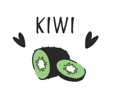 Tropikal meyve ve metin elle çizilmiş kümesi. Vektör yiyecek çizim sanatsal. Yaz illüstrasyon kivi