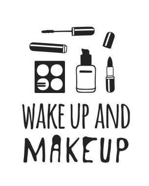 Çizilen illüstrasyon güzellik ürünleri el ve tırnak uyku modundan çıkarma moda makyaj ve yukarı. Yaratıcı mürekkep sanat eseri. Çizim gerçek vektör makyaj