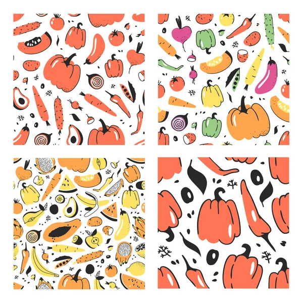 Meyve ve sebze ile el çekilmiş seamless modeli kümesi. Vektör sanatsal illüstrasyon gıda. Vegan çizim papaya, kabak, salatalık, kırmızı pancar, domates, patates, biber, havuç, muz, armut, elma