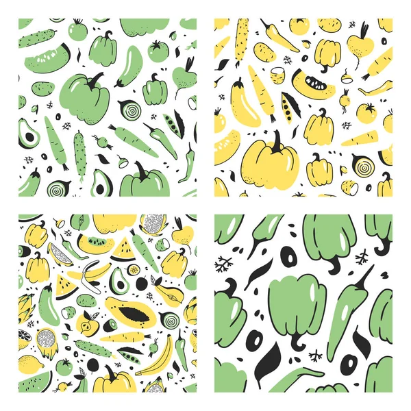 Conjunto de patrón sin costura dibujado a mano con frutas y verduras. Vector ilustración artística de alimentos. Dibujo vegano papaya, calabaza, pepino, remolacha, tomate, papa, pimienta, zanahoria, plátano, pera, manzana — Vector de stock