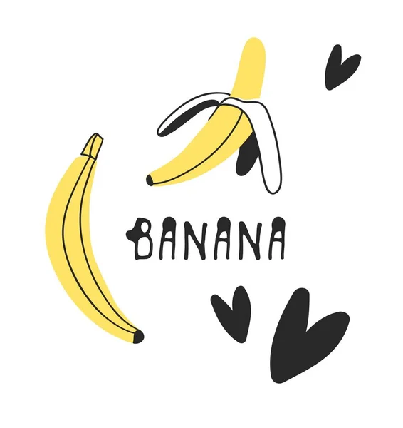 Hand drawn set of tropical fruit and text. Vector artistic drawing food. Summer illustration banana — Stock Vector