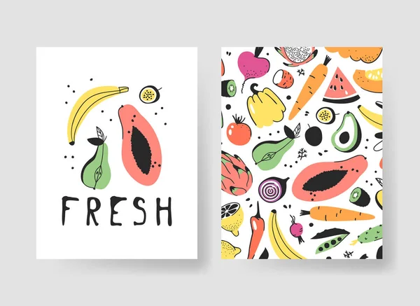Set de cărți desenate manual cu fructe și legume. Mâncare ilustrativă vectorială. Vegan desen papaya, banana, pere, fructe de pasiune, piper, sfeclă roșie, morcov, avocado, cartofi, lămâie, pepene verde — Vector de stoc