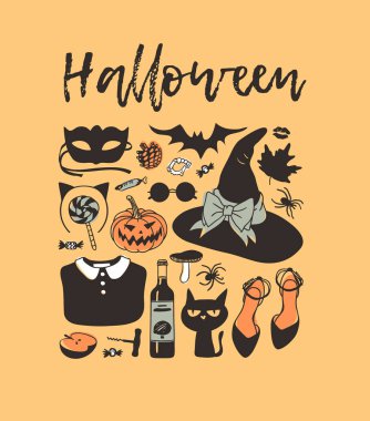 Elle çizilmiş resim kıyafet kadın. Yaratıcı mürekkep sanat eseri. Gerçek vektör sezon giyim çizim. Sanatsal izole Cadılar Bayramı görünüm ve metin: Cadılar Bayramı