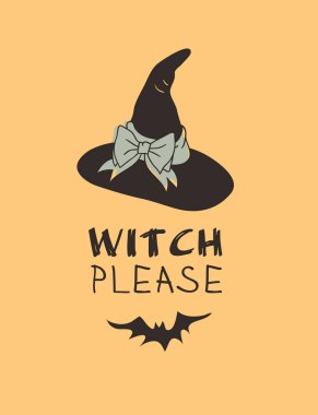 Elle çizilmiş şekil cadı şapka ve alıntı. Yaratıcı mürekkep sanat eseri. Gerçek vektör çizim kafa giymek ve yazı. Sanatsal izole Cadılar Bayramı nesne ve metin: cadı lütfen