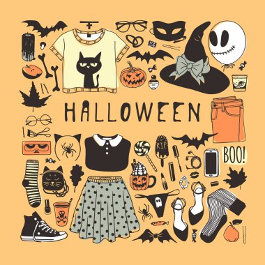 Elle çizilmiş şekil kıyafet kadın ve Word. Yaratıcı mürekkep sanat eseri. Gerçek vektör sezon giyim çizim. Sanatsal izole Cadılar Bayramı görünüm ve metin: Cadılar Bayramı