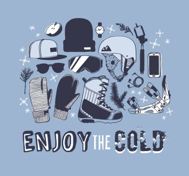 El moda illüstrasyon snowboard şeyler çekilmiş. Yaratıcı mürekkep sanat eseri. Gerçek rahat vektör çizim binicinin öğeleri ile. Kış spor ayarla: giyim, Ayakkabı, aksesuarlar, gıda, içecekler, şeyler