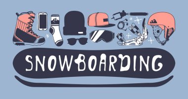 El moda illüstrasyon snowboard şeyler çekilmiş. Yaratıcı mürekkep sanat eseri. Gerçek rahat vektör çizim binicinin öğeleri ile. Kış spor ayarla: giyim, Ayakkabı, aksesuarlar, gıda, içecekler, şeyler