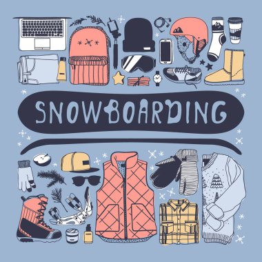 El moda illüstrasyon snowboard şeyler çekilmiş. Yaratıcı mürekkep sanat eseri. Gerçek rahat vektör çizim binicinin öğeleri ile. Kış spor ayarla: giyim, Ayakkabı, aksesuarlar, gıda, içecekler, şeyler