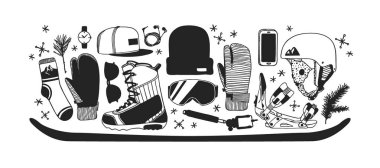 El moda illüstrasyon snowboard şeyler çekilmiş. Yaratıcı mürekkep sanat eseri. Gerçek rahat vektör çizim binicinin öğeleri ile. Kış spor ayarla: giyim, Ayakkabı, aksesuarlar, gıda, içecekler, şeyler
