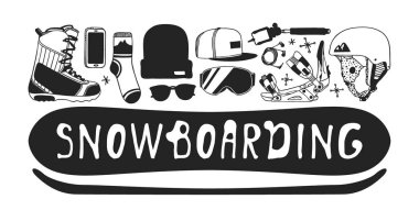 El moda illüstrasyon snowboard şeyler çekilmiş. Yaratıcı mürekkep sanat eseri. Gerçek rahat vektör çizim binicinin öğeleri ile. Kış spor ayarla: giyim, Ayakkabı, aksesuarlar, gıda, içecekler, şeyler
