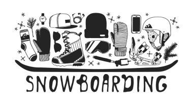 El moda illüstrasyon snowboard şeyler çekilmiş. Yaratıcı mürekkep sanat eseri. Gerçek rahat vektör çizim binicinin öğeleri ile. Kış spor ayarla: giyim, Ayakkabı, aksesuarlar, gıda, içecekler, şeyler
