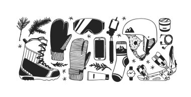 El moda illüstrasyon snowboard şeyler çekilmiş. Yaratıcı mürekkep sanat eseri. Gerçek rahat vektör çizim binicinin öğeleri ile. Kış spor ayarla: giyim, Ayakkabı, aksesuarlar, gıda, içecekler, şeyler